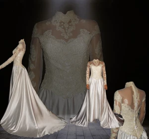 Liquid Satin Silk Wedding Dress Illusion Lace Ivory A-Line Bridal Gown - Picture 1 of 13