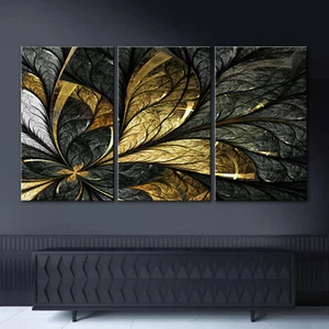 BLATTGOLD Abstrakt Wandbild über Lowboard Kommode Sideboard Schwarz Gelb Deko - Bild 1 von 10