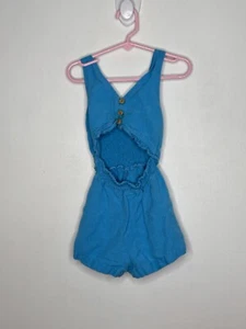 Zara Linen Tank Romper Girls Size 6 Smocked Cutout Sleeveless Blue - Picture 1 of 4