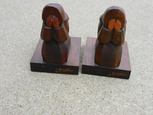 Vintage Hand Carved Wooden  2x Bookends Figure J. Pinal Signed - Picture 1 of 5