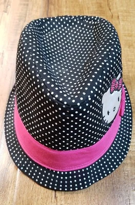 HELLO KITTY Girls San Rio Fedora Bucket Hat S/M Black White Polka Dot Bow — 第 1/4 张图片