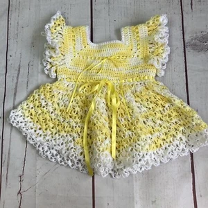 Vintage Handmade White Yellow Crochet Yarn Baby Open Knit Dress 6 Months Ribbon - Picture 1 of 5
