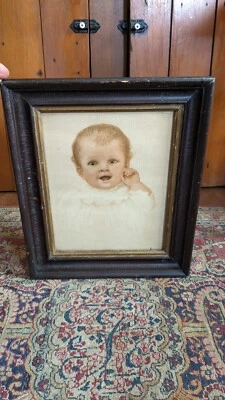 Antique Early Primitive Folk Art Drawn Baby Wood Frame Portrait Picture 14.5" - Image 1 of 4