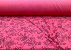 Printed Liverpool Textured Fabric 4 way Stretch Coral Pink Black Floral O25 - Picture 1 of 1