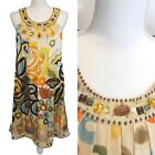 Y2K Sue Wong Silk Abstract Floral Beaded Cream Swing Dress Size XS S Sleeveless