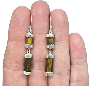 Hexagon Tiger's Eye Earrings, Sterling Silver, Double Drops, Courage Symbol - Picture 1 of 7