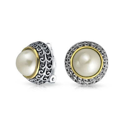 Balinese Button Style Two Tone Simulated Pearl Black Onyx Turquoise Dome Clip - Image 1 of 3