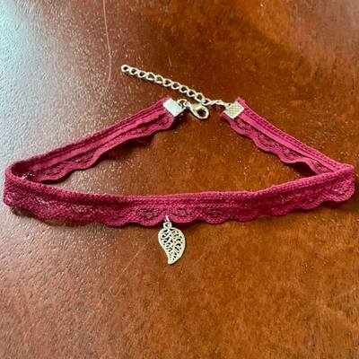 Handmade Lacey Maroon Choker Necklace with Leaf Charm - Image 1 of 4