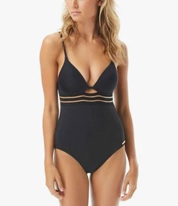 Vince Camuto Black One-Piece Swimsuit Women Size 4 Mesh Stripe Adjustable Straps - Picture 1 of 8