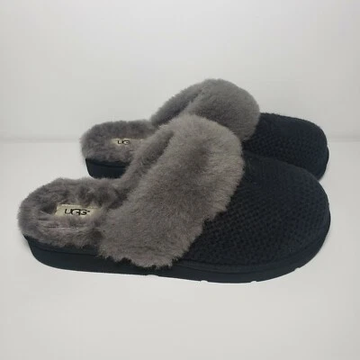 UGG Cozy Knit Womens Size 11 Shearling Trim Lined Slide Slippers Black Gray - Image 1 of 4