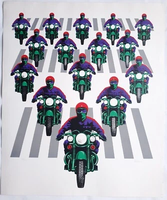 Grafik Print Siebdruck Reihung Motorradfahrer Otfried Mahnke 1972 - Bild 1 von 4