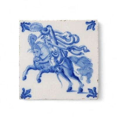 Bonito azulejo azul holandés de Delft, figura a caballo, alrededor de 1900. Foto 1 de 2