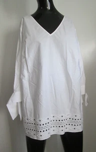 TALBOTS Size 1X 100% Cotton White V-Neck Tie Sleeve Eyelet Border Tunic NWOT - Picture 1 of 9