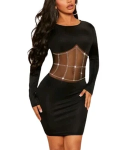 Bodycon-Kleid Damen schwarz Strass Dekor Einsatz MeshFit Medium NEU  - Bild 1 von 6
