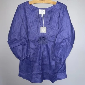 New Pomegranate XS Purple 100% Linen 3/4 Sleeve Tassel Accent Tunic Top - Picture 1 of 8