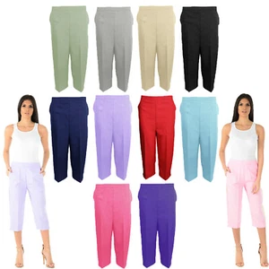 LADIES 3/4 TROUSERS WOMENS THREE QUARTER ELASTICATED WAIST CAPRI CROPPED PANTS - Picture 1 of 40