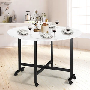 Marble Dining Table Foldable Wood Drop Leaf Multifunctional Desk Wheels White - Picture 1 of 12