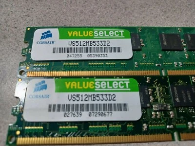 NOS 2 Corsair Value Select DDR2 PC-4200 512MB(1GB) Model#VS512MB533D2 - Image 1 of 2