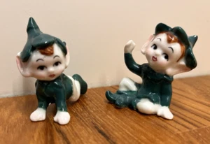 Pixie Elf Elves Figurines In Green Ceramic Kitschy Vintage Set Of 2 - Picture 1 of 7