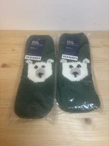 Old Navy Green Bear Grippy Cozy Fleece Socks Toddler Size 3-5T New Set Of 2 B31 - Picture 1 of 2
