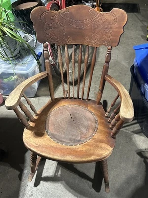 Press Back Antique Chair Wooden Rocker Leather Carved Oak No.1120 Rare🚀💯 - Image 1 of 4