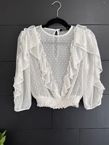 Camicia blusa donna BERSHKA bianca con volant trasparente taglia XS Cottage Core usata in ottime condizioni - Foto 1 di 6