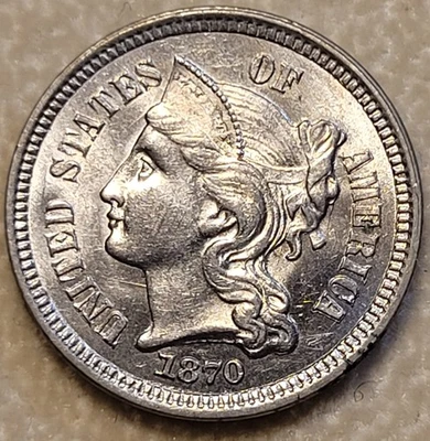 1870 Three Cent Nickel BU UNC 19th century Type Coin Uncirculated Orig Surfaces - Image 1 of 2