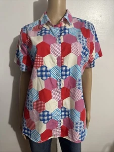 LAND'S END PATCHWORK Women's SHORT SLEEVE NO IRON BUTTON FRONT SIZE 14 - Picture 1 of 12