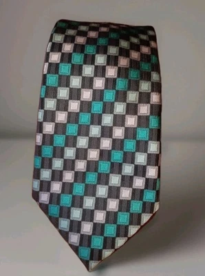ALEXANDER JULIAN Colours Silk Necktie  63" Woven Squares Grid Teal Black White  - Image 1 of 4
