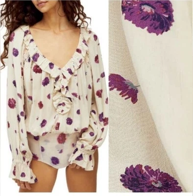 1/2 Off Intime Free People女式小号花卉荷叶边蕾丝紧身衣衬衫。 — 第 1/4 张图片