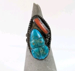 Frog Carved Turquoise And Coral Southwestern Vintage Ring Size 7.5 - Picture 1 of 17