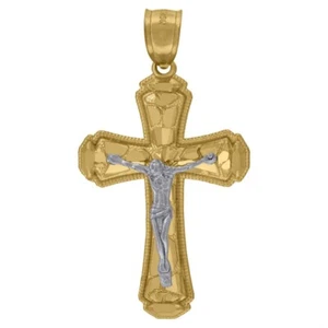 10k Two-Tone Gold Diamond-Cut Cross Crucifix Religious Charm Pendant 2.4gm - Picture 1 of 3
