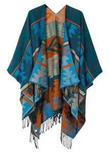 Women's Printed Tassel Open front Poncho Cape Cardigan Wrap Shawl Series 4-Blue - Picture 1 of 6