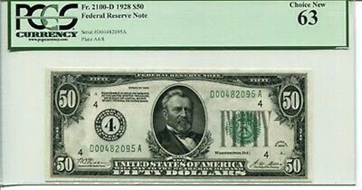 FR 2100-D 1928 $50 Federal Reserve Note PCGS 63 Choice New - Image 1 of 1