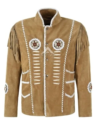 Men's Western Cowboy Handmade Classic Beige Suede Leather Beaded Fringes Jacket - Image 1 of 4
