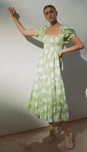 Sabo Allani Midikleid grün und weiß Blumenmuster gesmokt Größe 8 US Large - Bild 1 von 10