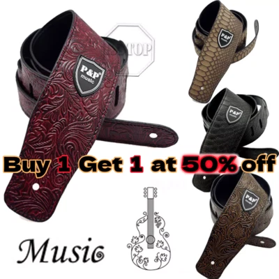 Adjustable Guitar Strap Embossed Leather Acoustic Electric Bass Guitar Strap USA - Image 1 of 4