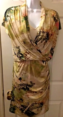 Vestido AIDAN MATTOX Abstracto Floral Rosa Verde Tostado Cruzado Cuello en V Blusa Talla 6 Foto 1 de 4