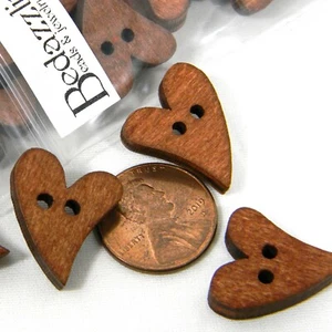20 Natural 3/4 inch Brown Wood Whimsical Heart Wooden 2 Hole Flat Link Buttons - Picture 1 of 2