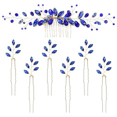 7 Piezas Fiesta Baile de graduación Boda Nupcial Cristal Estrás Hoja de vid Cabello Azul Real Foto 1 de 4