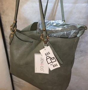 LARGE TOTE W/ATTACHING CROSSBODY PURSE VEGAN LEATHER SAGE GREEN NWT JEN&CO. - Picture 1 of 9