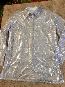 Erwachsene Pailletten Glitzer glänzend Button Down Shirt Clubwear Tops Herren S Damen L COOL - Bild 1 von 10