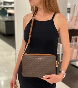 Michael Kors Jet Set Large Printed Signature Logo Crossbody Bag Brown - Picture 1 of 5