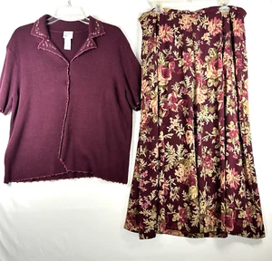 Koret Floral Skirt & Sweater Set Roses A Line Pockets Cottagecore VTG Plus 18 - Picture 1 of 24