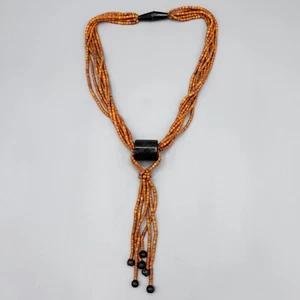 Vintage Unsigned Modernist Wood Bead & Black Stone Lariate Tassle Necklace 16" - Picture 1 of 9