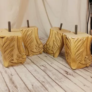 VTG Carved Block Wood Finished Blonde 4 Furniture Legs Screw On Floral/Palm 5" - Picture 1 of 9