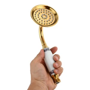 Blue White Porcelain Handle Handheld Shower Spray Gold Screw-In Stainless Steel - Picture 1 of 13