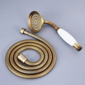 Antique Brass Ceramics Telephone Hand Held Shower Head Sprayer &1.5m Shower Hose - Picture 1 of 7