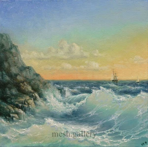 12"x12" MESH ORIGINAL CANVAS oil painting SEASCAPE Surf Rocky Beach Sailing Ship - Picture 1 of 5