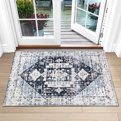  Washable Runner Rug 2'x3' - Vintage Kitchen Area Rug Stain 2' x 3' S Deep Blue - Image 1 of 4